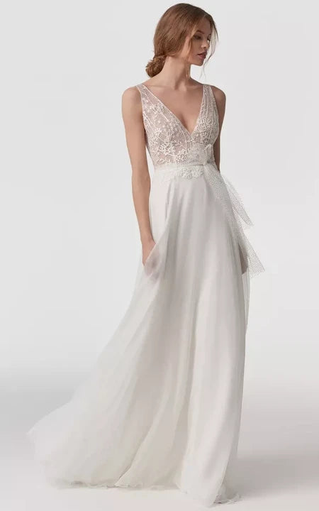 Deep-v Neck Sleeveless Empire Sheath Chiffon Wedding Dress with Bow and Lace Top