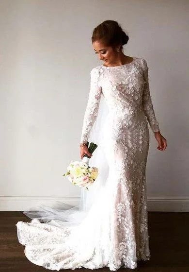 Vintage Long Sleeve 3D-floral Appliques Crystal Mermaid Wedding Dress