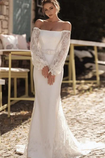 Ethereal Satin Off-the-shoulder Long Sleeve Sash Wedding Dress With Button