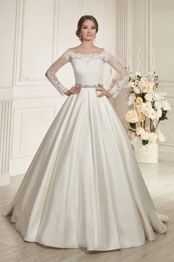 A-Line Floor-Length Bateau-Neck Illusion-Sleeve Illusion Satin Dress With Beading And Pleatings