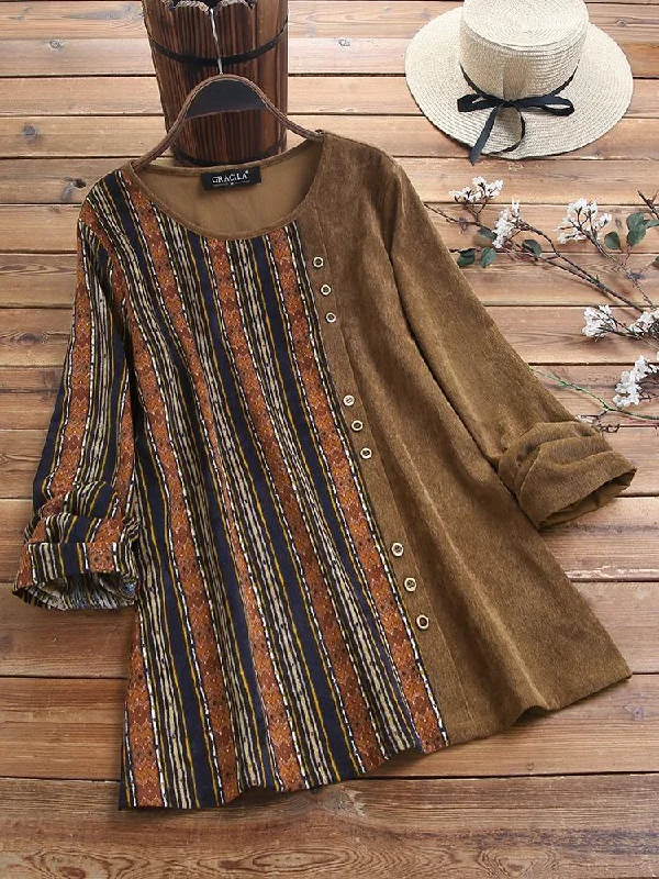 Corduroy Stripe Print Patchwork Long Sleeve Vintage Blouse