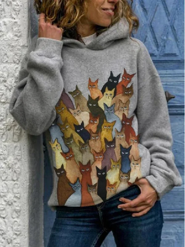 Cartoon Cats Print Long Sleeve Casual Hoodie For Women