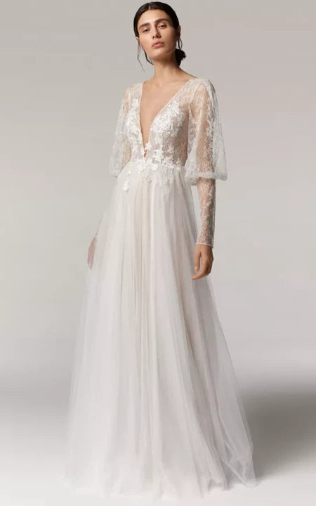 Plunged Neck Illusion Puff Long Sleeve Tulle A-line Wedding Dress with Sweep Train