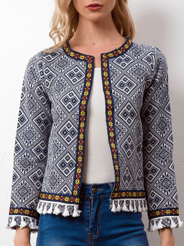 Ethnic Print Tassel Long Sleeve Coats