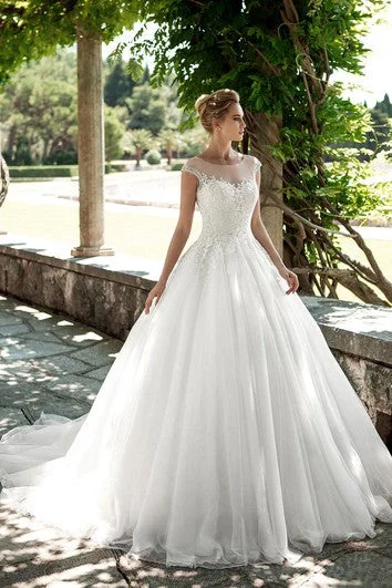 A-Line Long Scoop-Neck Cap-Sleeve Keyhole Tulle Dress With Appliques And Beading