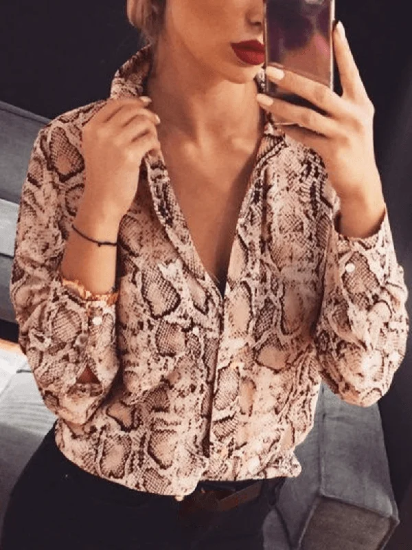 Women Cobra Snake Printed Long Sleeve Button Shirt Stylish Button Blouse