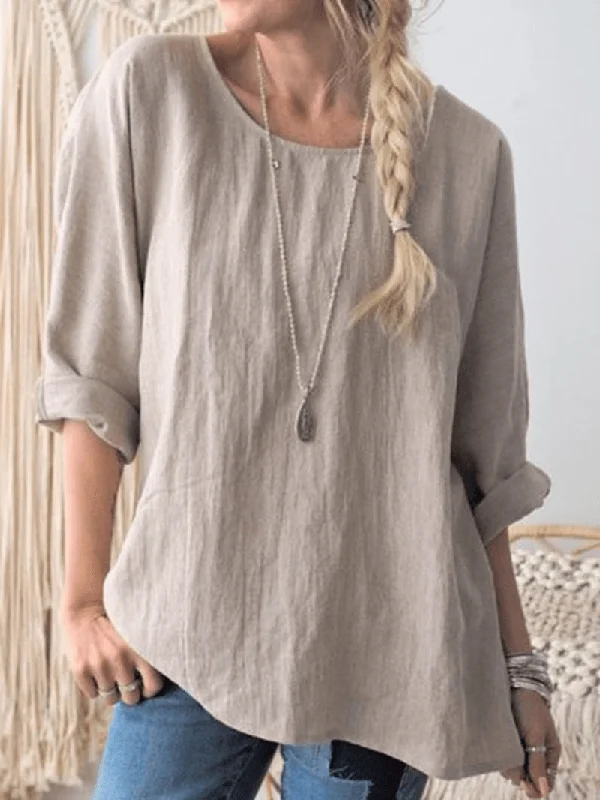 Women round Neck Long Sleeve Solid Color Cotton Blouse