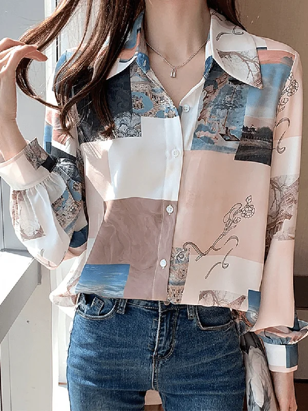 Women Block Landscape Print Long Sleeve Lapel Casual Blouse