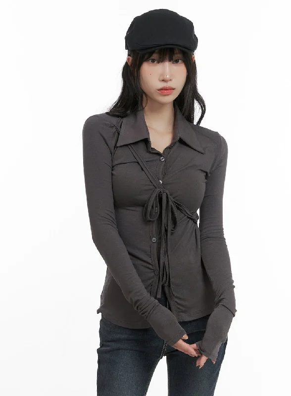 Long Sleeve Slim Tie Collar Top CG421