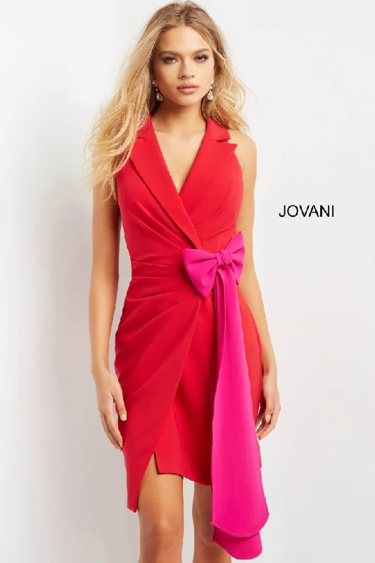 Jovani 07961 Short Pleated V Neck Cocktail Dress