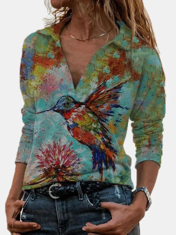 Women Art Painting Animal Printed Lapel Plunge Casual Long Sleeve Blouses