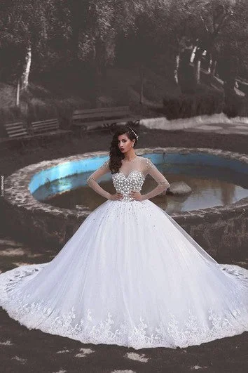 Newest Crystals Tulle Lace Illusion Wedding Dress Long Sleeve Ball Gown