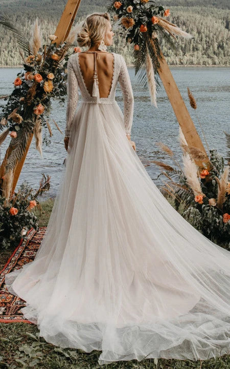 Boho | Country Backless Lace and Tulle Long Sleeve A-line Wedding Dress