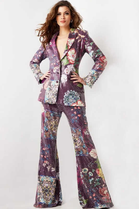 Jovani 26034 Sequin Long Floral Print Formal Pant Suit