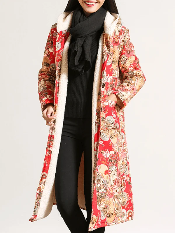 Floral Print Single Breasted Long Sleeve Hooded Coats for Women