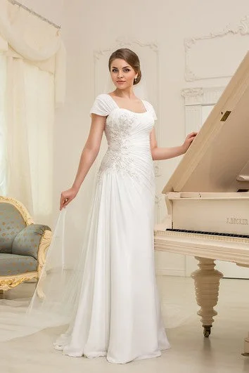 A-Line Long Square-Neck Cap-Sleeve Corset-Back Chiffon Dress With Ruching And Appliques