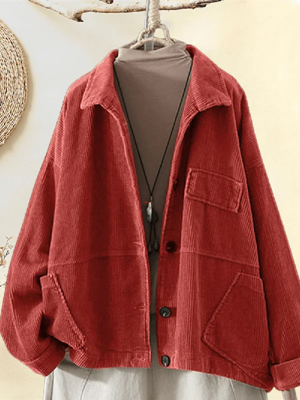 Corduroy Turn-Down Collar Long Sleeve Vintage Casual Coats for Women