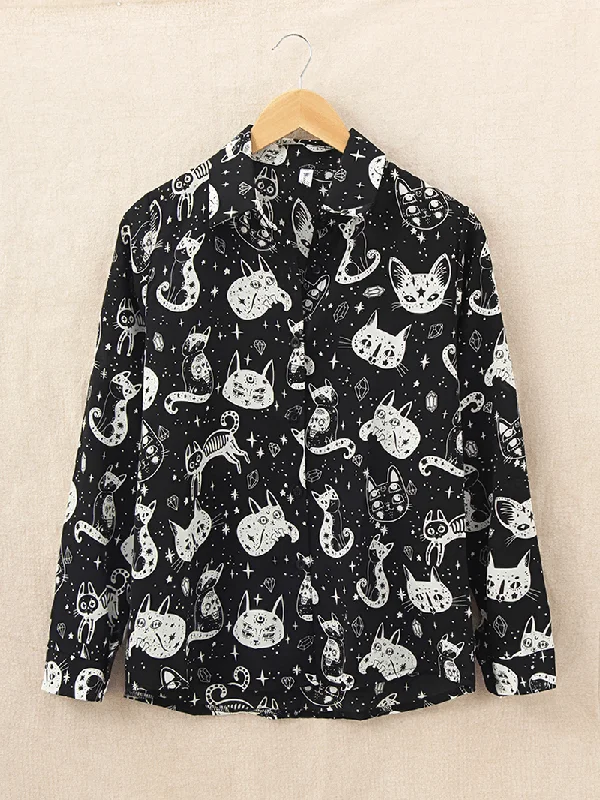 Women Casual Cartoon Cat Funny Print Turn-Down Collar Long Sleeve Button Shirts