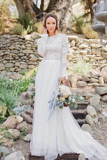 Long Sleeve Chiffon Tulle Lace Wedding Dress