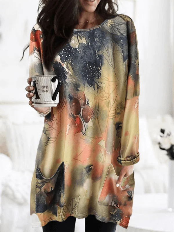 Women Vintage Painting Print O-Neck Casual Loose Long Sleeve Blouse