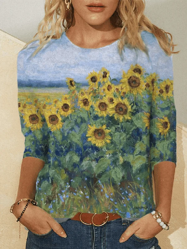 Women Sunflower Landscape Print round Neck Long Sleeve Blouses