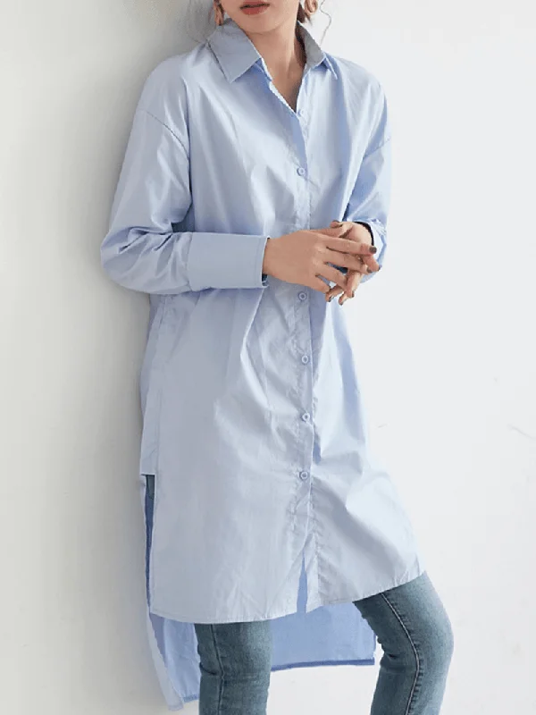 Solid Color Asymmetrical Hem Button Long Sleeve Casual Shirt for Women