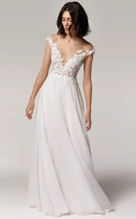 Chiffon Off-the-shoulder Simple Sheath Wedding Dress with Lace Applique