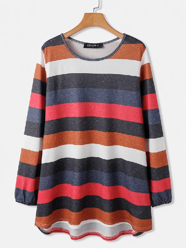 Women Colorful Horizontal Stripe round Neck Casual Long Sleeve Blouses