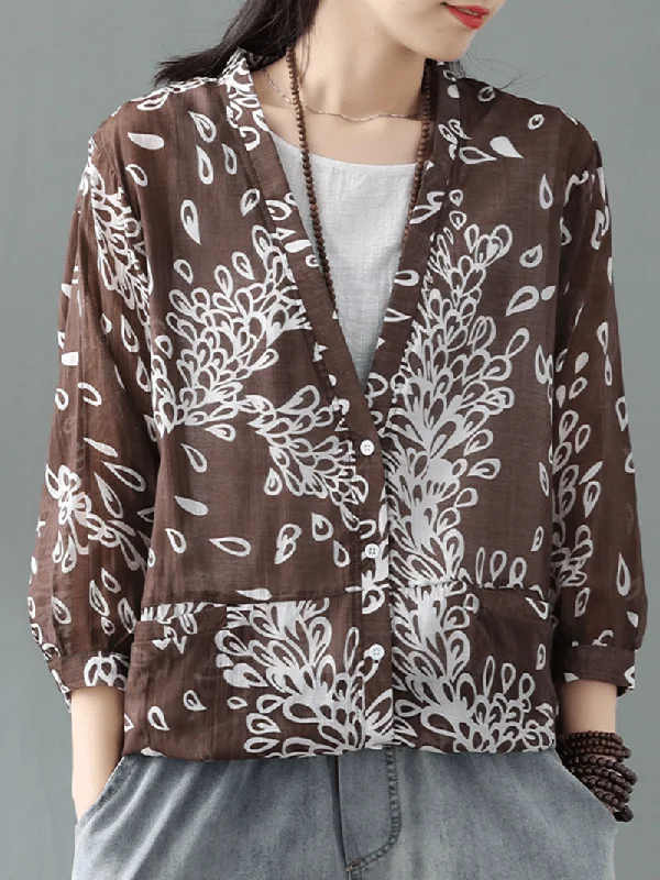 Long Sleeve Print Bandage Vintage Kimono Blouse for Women