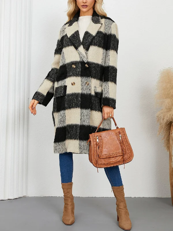 Plaid Notched Lapel Double Breasted Long Sleeves Coat