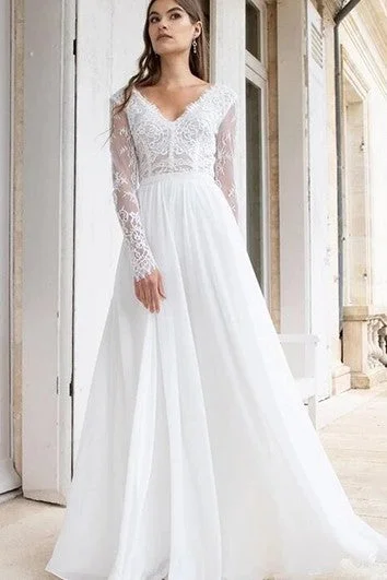 Modest BV-neck A Line Floor-length Long Sleeve Wedding Dress