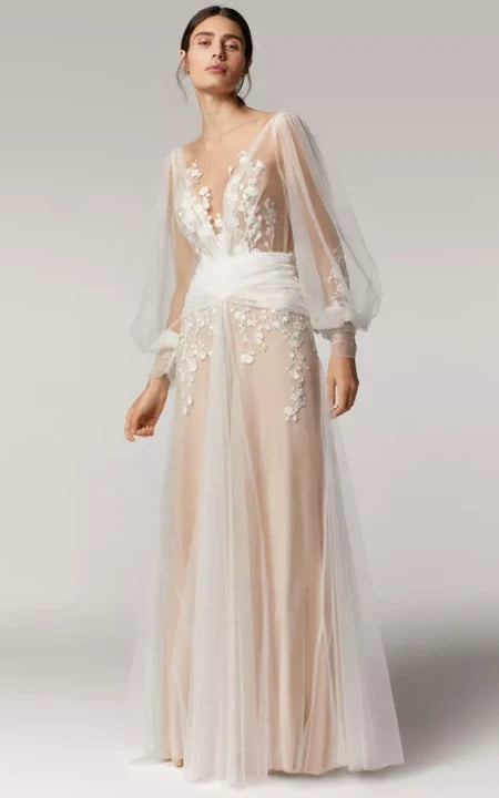 Illusion Puff-sleeve Ethereal Sheath Tulle and Lace Wedding Dress