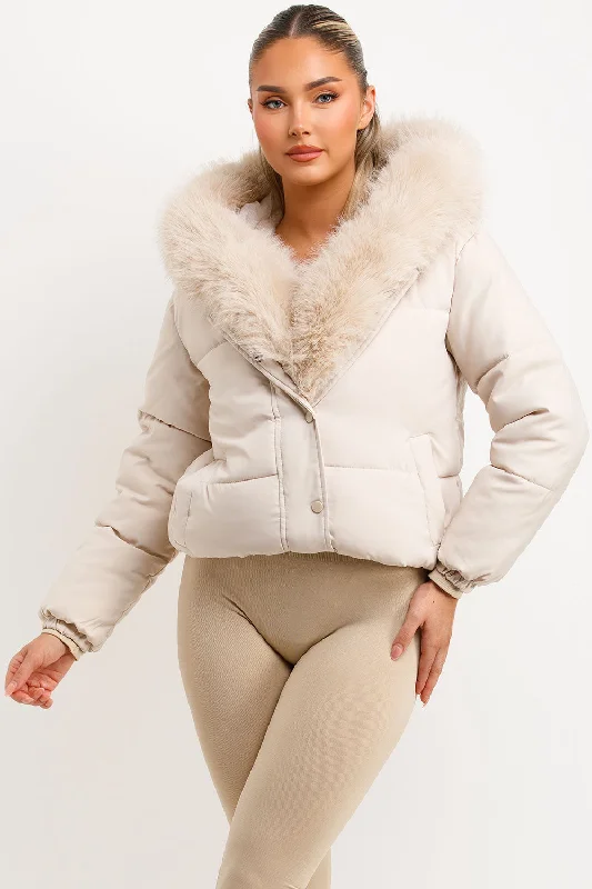 Bomber Jacket With Fur Hood And Trim Beige