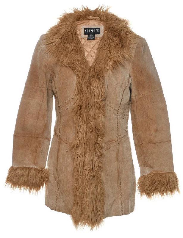 Brown Fur Trim Y2K Afghan Style Suede Jacket - M