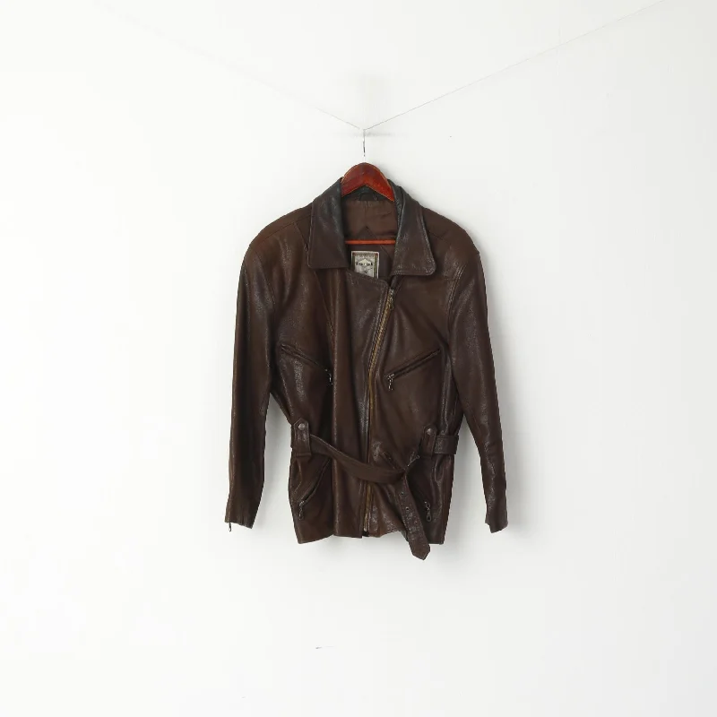 Lindbergh Women 40 M Leather Jacket Ramones Brown Soft Skin Full Zipper Retro Top