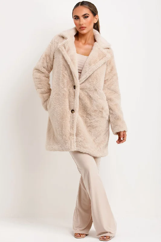 Faux Fur Coat With Lapel Collar Beige