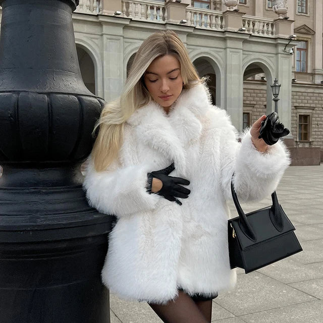 model white fur coat