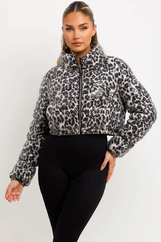 White Leopard Print Crop Puffer Jacket Sequin Detail