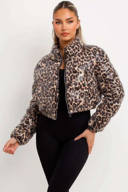 Leopard Print Crop Puffer Jacket Sequin Detail