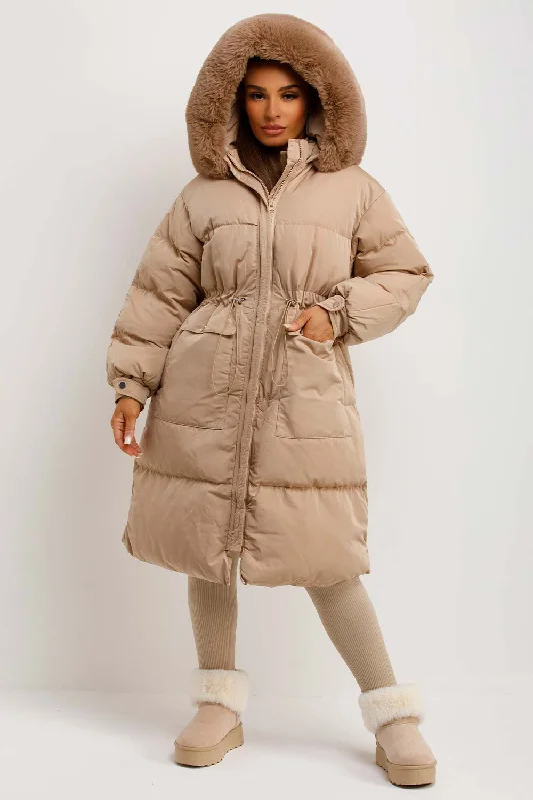 Long Puffer Coat With Faux Fur Hood And Drawstring Waist Beige