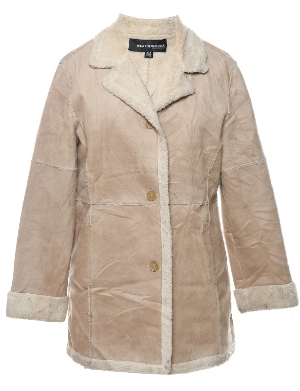 Single Breasted Beige Suede Shearling Lined Jacket - M