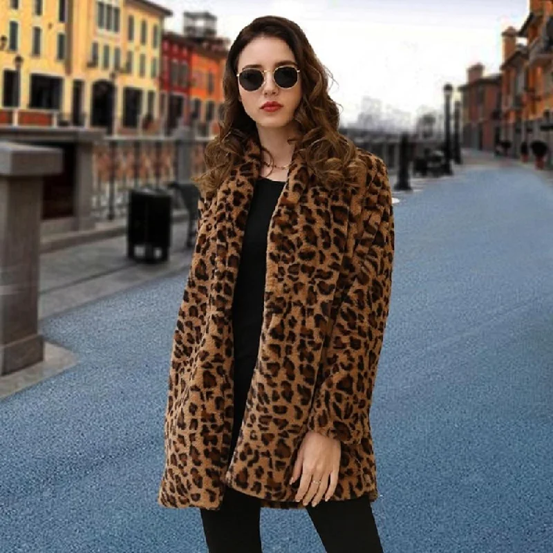 Winter Warm Plush Teddy Coat Long Leopard Print Faux Fur Jacket