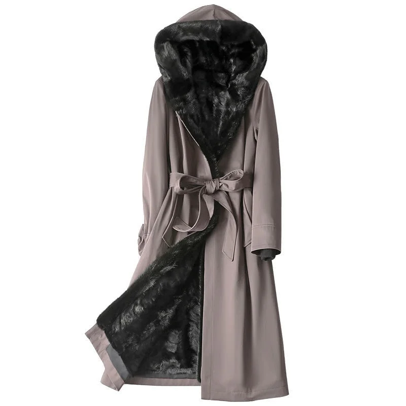 Women's Korean Fashion Mink Liner Hooded Fur Belt Long Coats