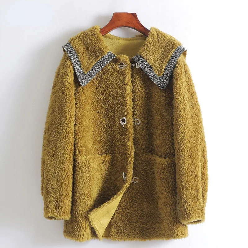 Women's Korean Fashion Real Wool Fur Long Sleeve Horn Button Jacket