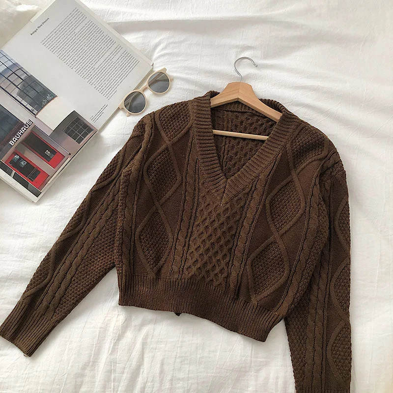 Bandage short V-neck twist long sleeve sweater 5832