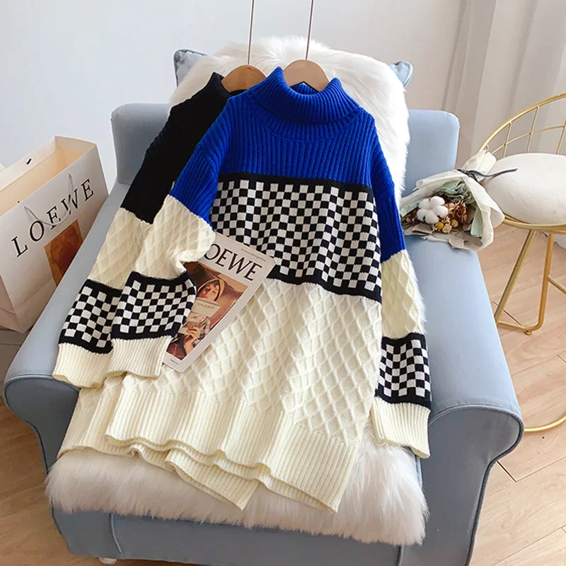 Checkerboard turtleneck sweater dress  5210