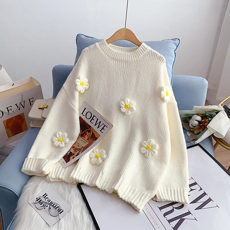 Design sense niche Japanese cute three-dimensional flower sweater  5081