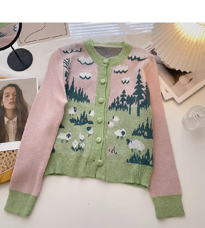 Foreign style retro oil painting color matching coat knitted cardigan  5960