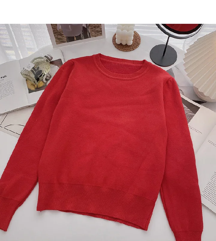 Korean version simple outer wearing thin warm solid color long sleeved top  5961