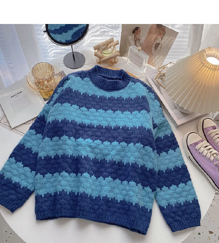 Lazy wind stripe color matching sweater is retro and simple  5992